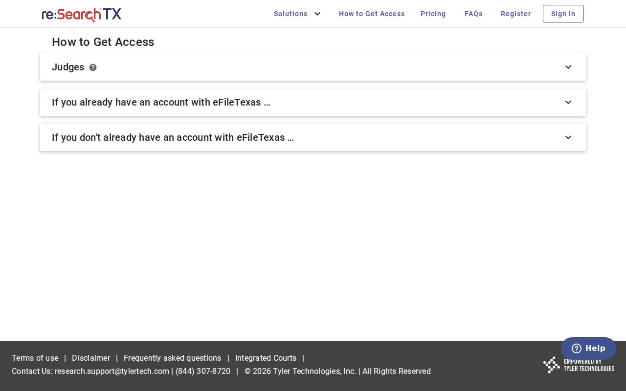re:SearchTX access and registration screen