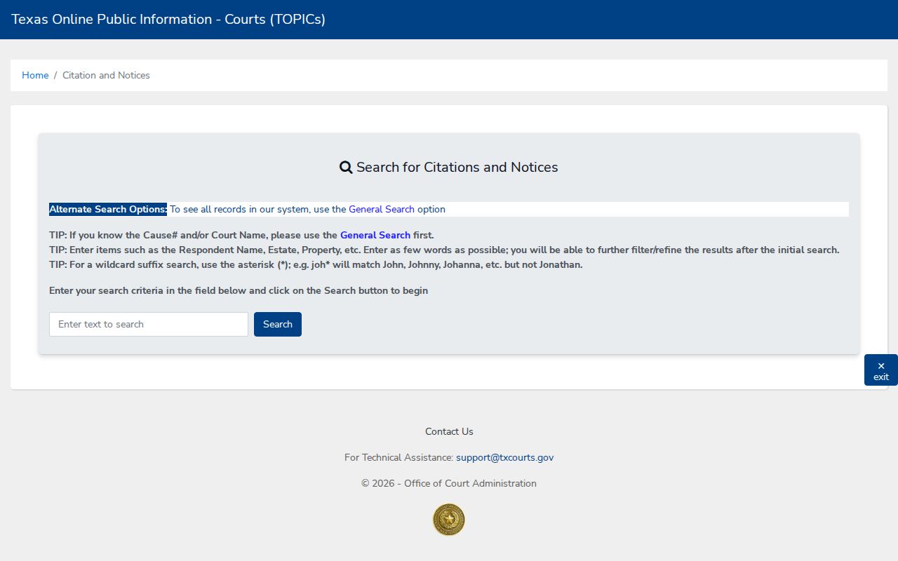 Texas public citation and notice search fields