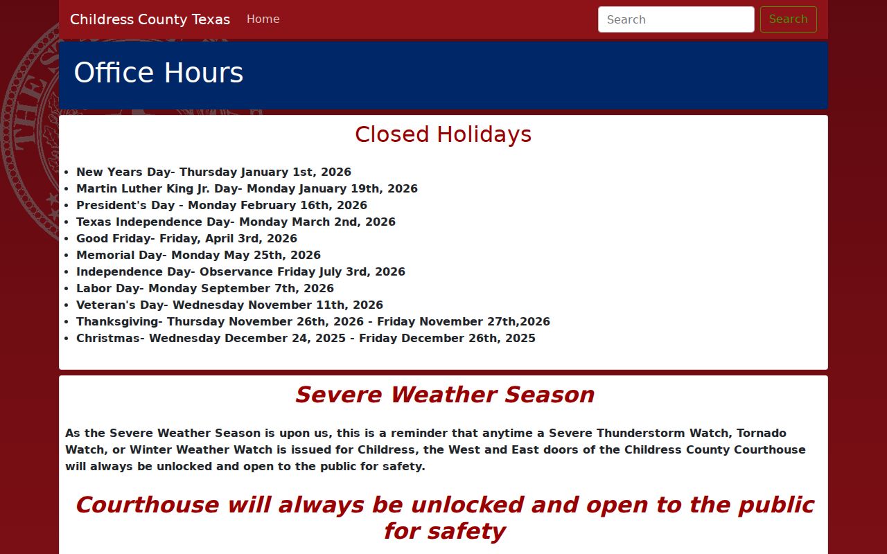 Childress County courthouse office hours and closure information